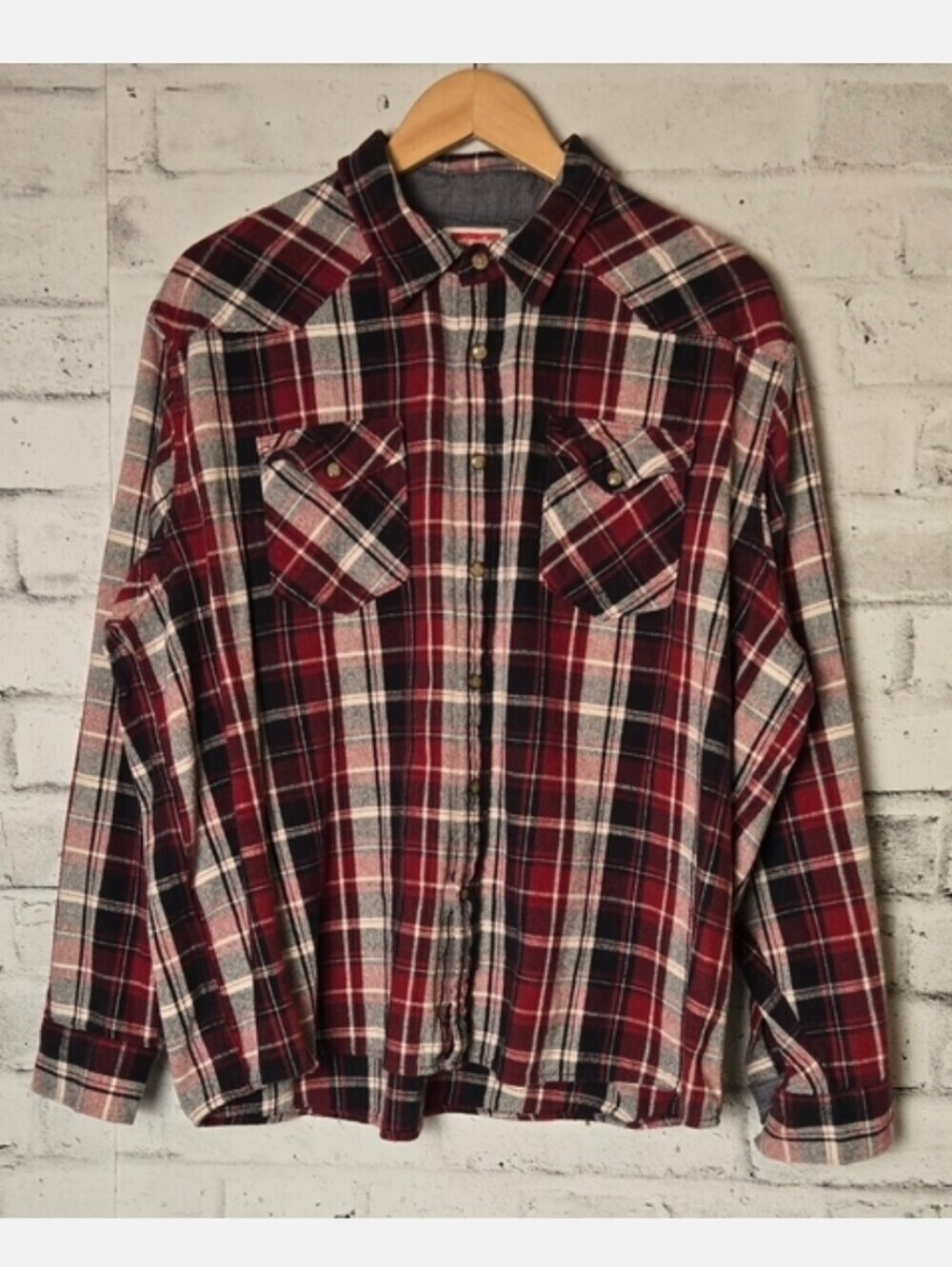 Wrangler Mens 2XL Red Black Plaid Flannel Shirt Western Cotton Button Up